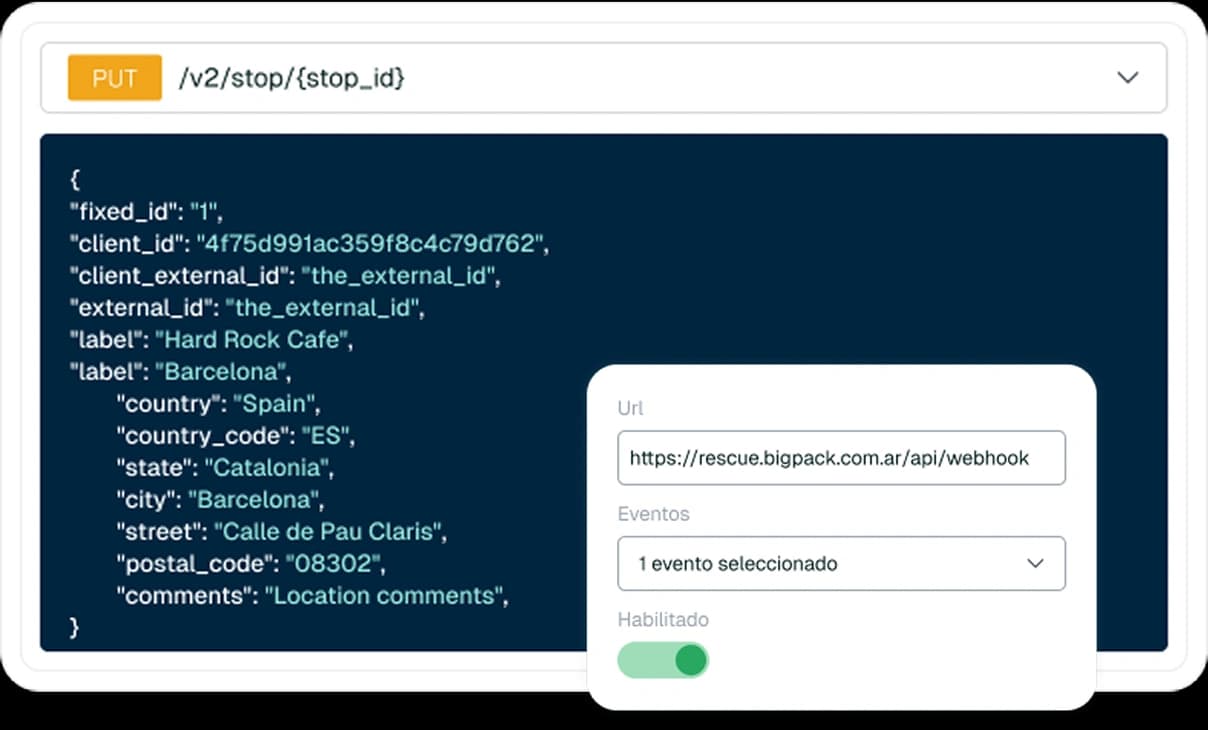 API documentation with code samples and webhook configuration panel