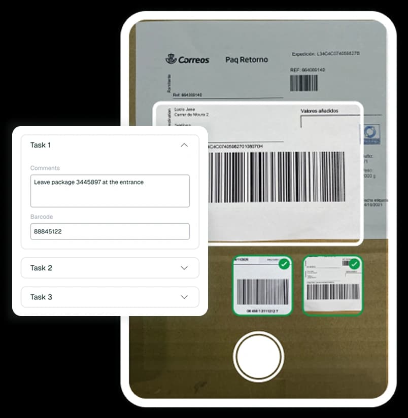 Driver productivity tools with barcode scanner and task creation