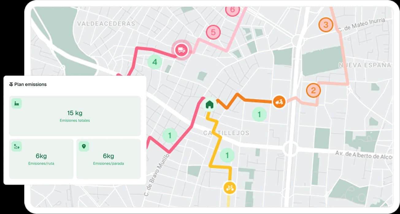 Fleet management view with vehicle types, emissions panel, and multimodal options