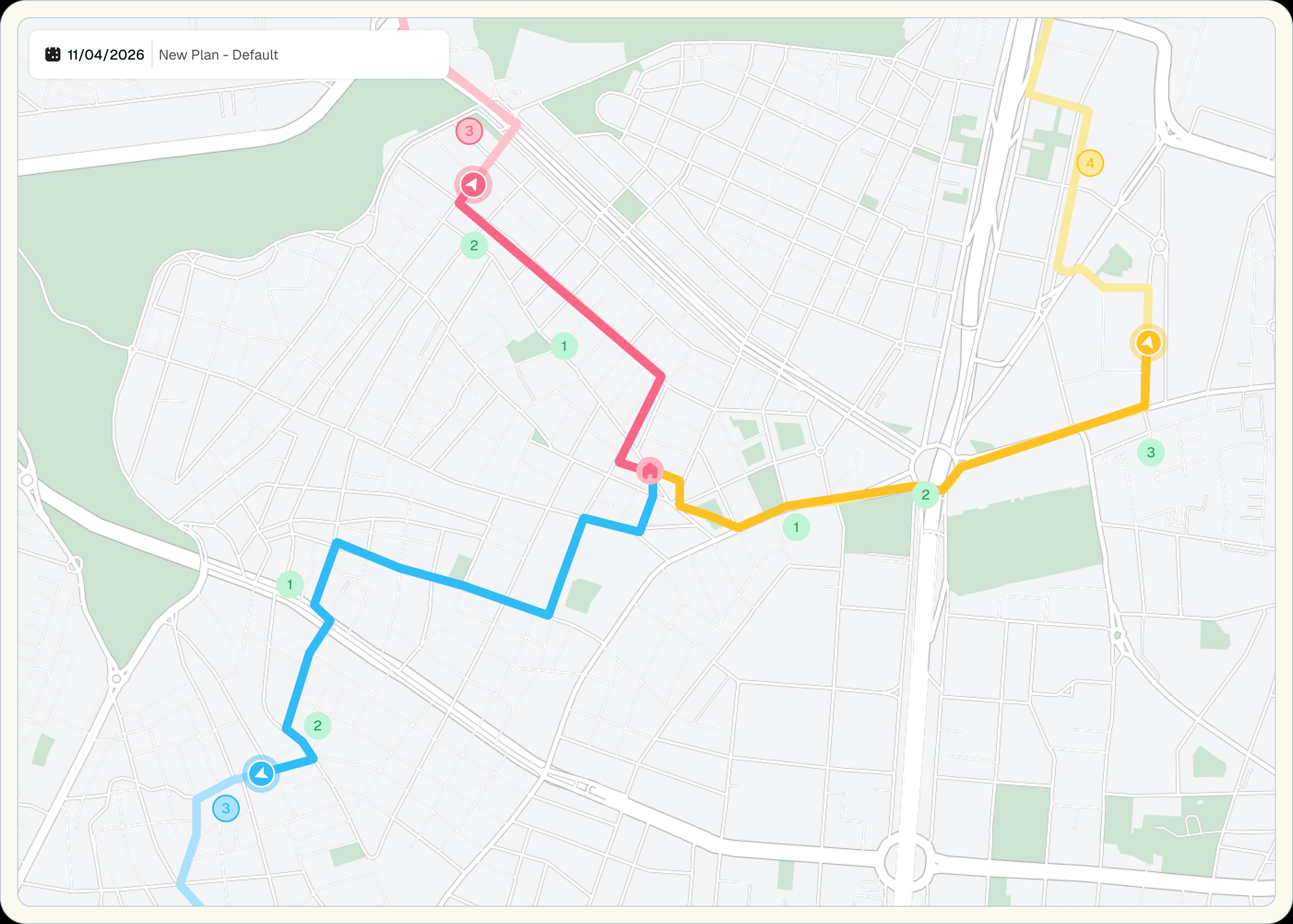 Route planner dashboard with optimized multi-stop routes, vehicle sidebar, and dispatch controls