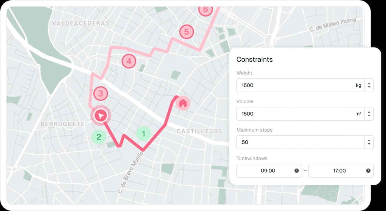 Route optimizer with constraints panel for capacity, time windows, and priority rules