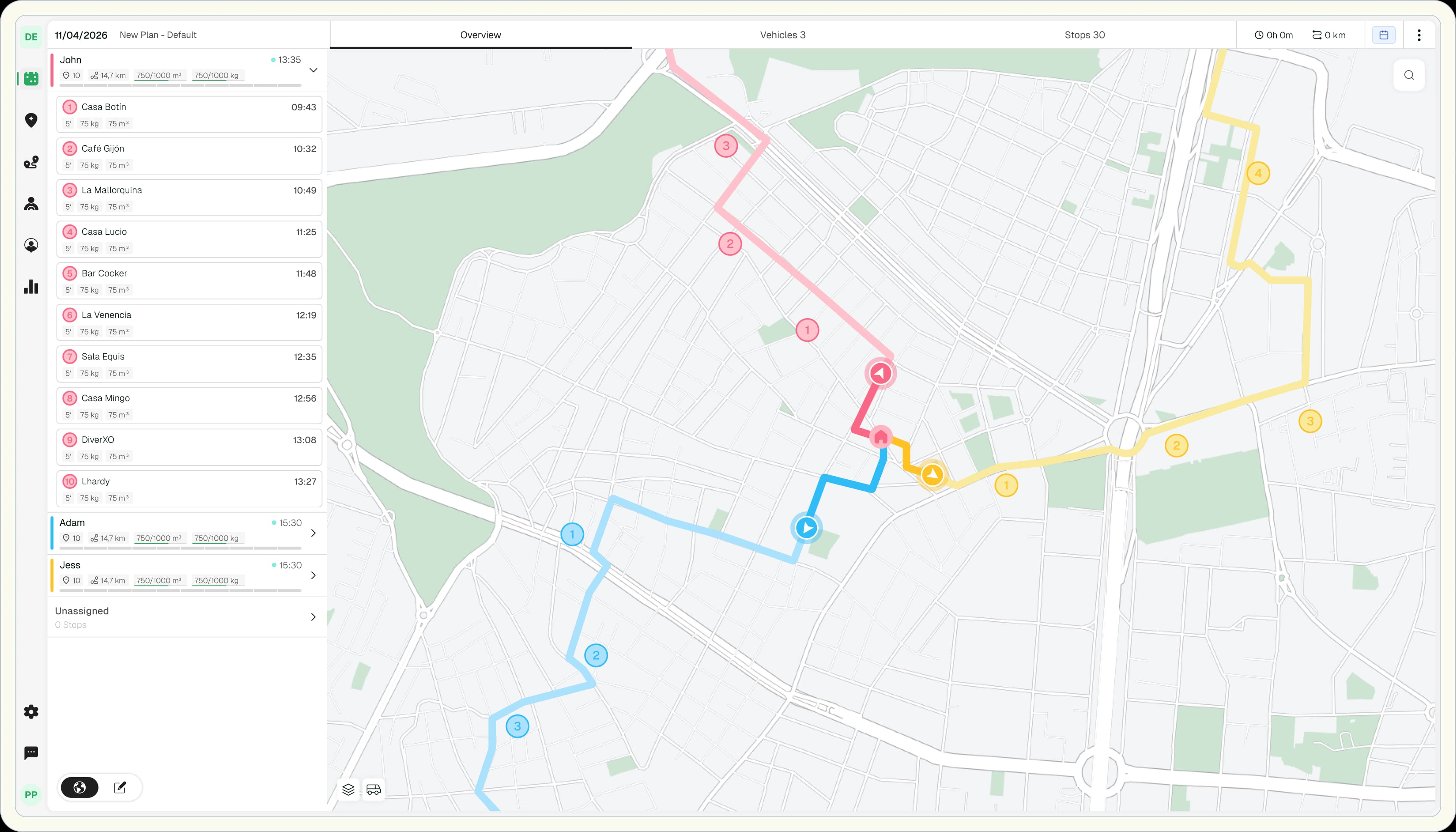 Routal Planner dashboard showing optimized delivery routes on a map