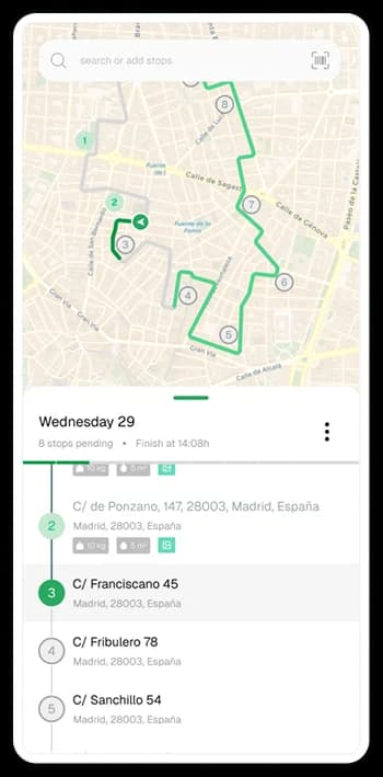 Routal Drivers app with the route and the list of stops